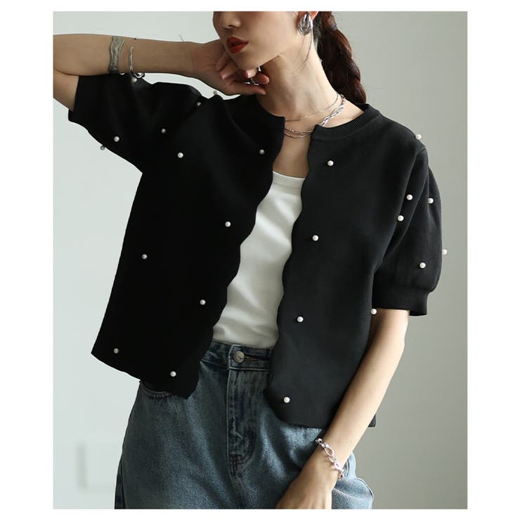 ブラック | 纏うだけで華やぐパールドットスポンジニットカーディガン レディース ファッション | Sawa a la mode