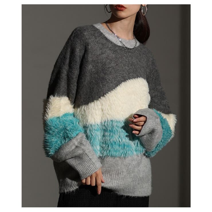 グレー | 毛足の揺れまで可愛い波ボーダーシャギーニットトップス レディース ファッション | Sawa a la mode