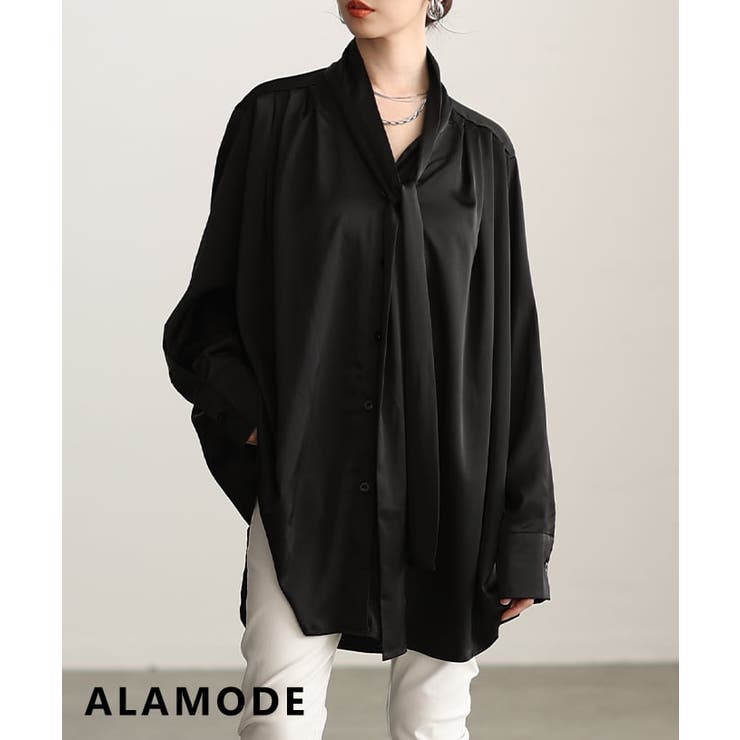 ブラック | 品よく決まるサテンボウタイチュニックブラウス レディース トップス | Sawa a la mode