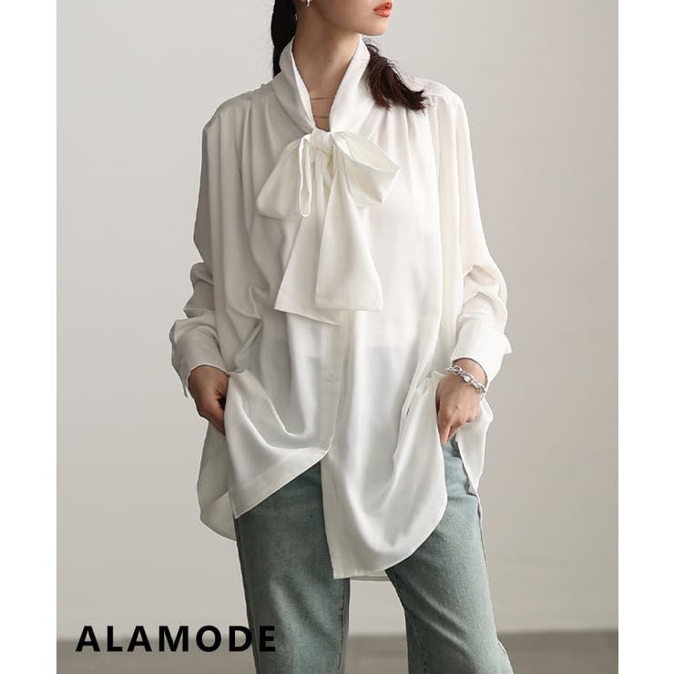 オフホワイト | 品よく決まるサテンボウタイチュニックブラウス レディース トップス | Sawa a la mode