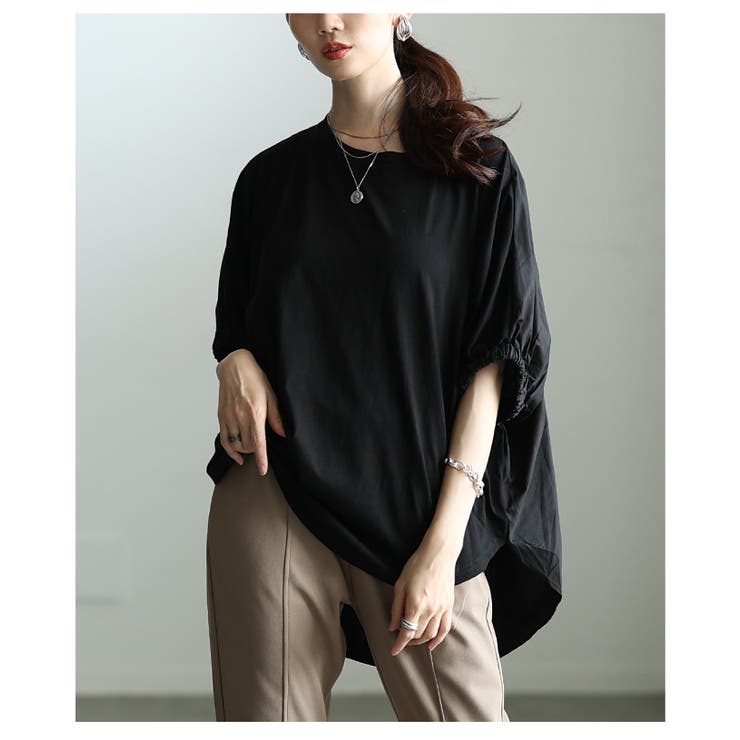 ブラック | 後ろ姿も抜かりない異素材MIXドルマンデザイントップス レディース ファッション | Sawa a la mode