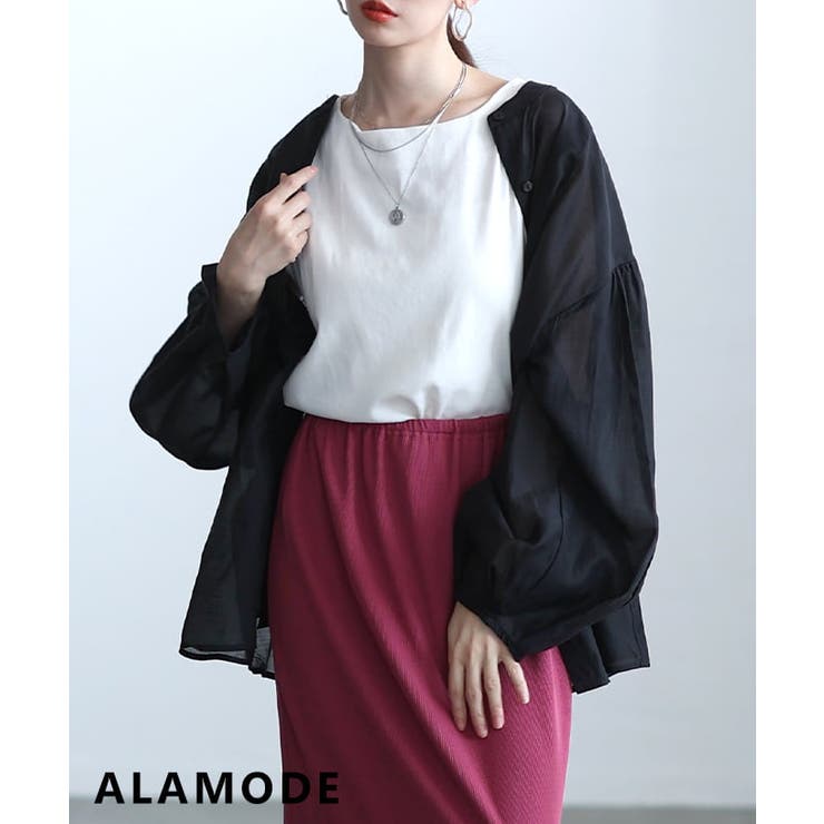 ブラック | 軽やかさで魅せるシアータックバンドカラーシャツ レディース トップス | Sawa a la mode