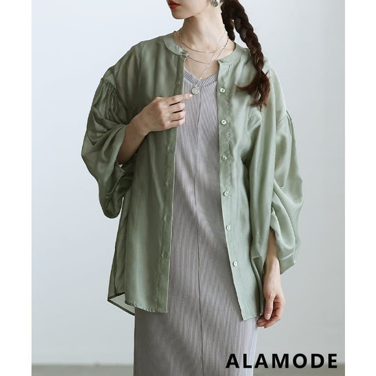 グリーン | 軽やかさで魅せるシアータックバンドカラーシャツ レディース トップス | Sawa a la mode