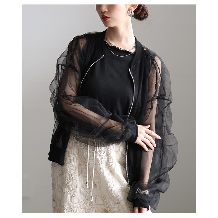 ブラック | 纏えば雰囲気高まるボリュームスリーブチュールブルゾン レディース ファッション | Sawa a la mode