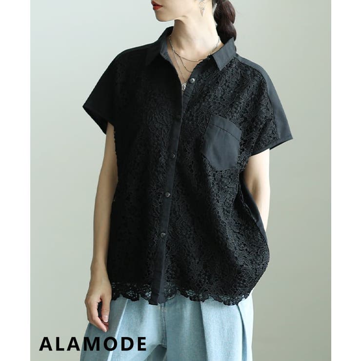 ブラック | 品よく華やぐレース切替フレンチスリーブシャツ レディース トップス | Sawa a la mode