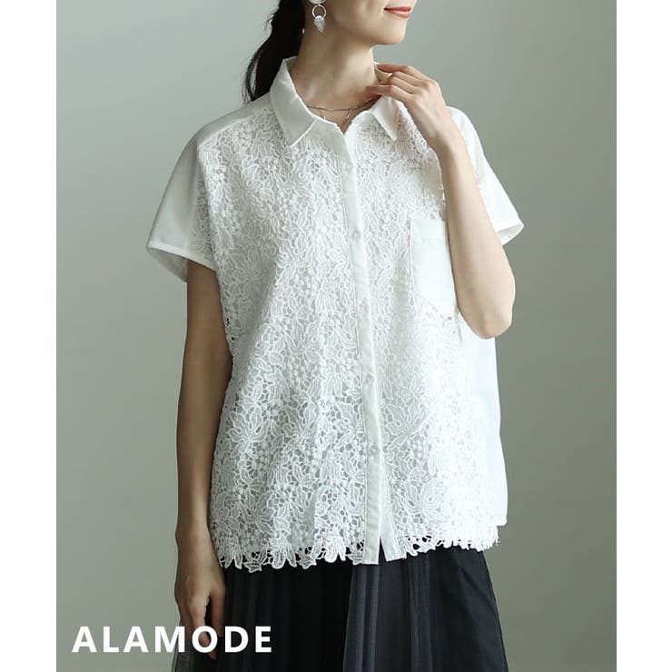 オフホワイト | 品よく華やぐレース切替フレンチスリーブシャツ レディース トップス | Sawa a la mode