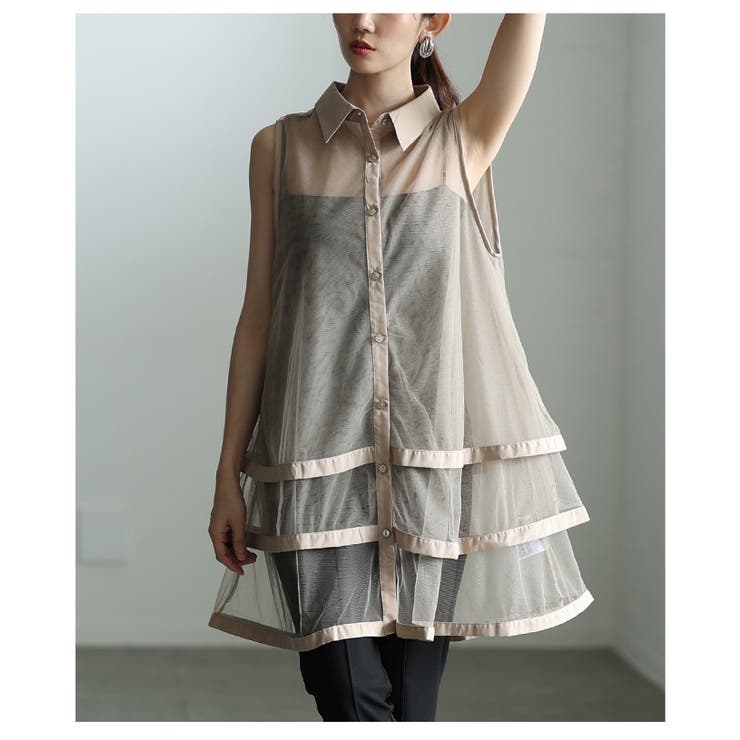 ベージュ | 揺れて惹き付けるノースリーブシアーティアードブラウス レディース ファッション | Sawa a la mode