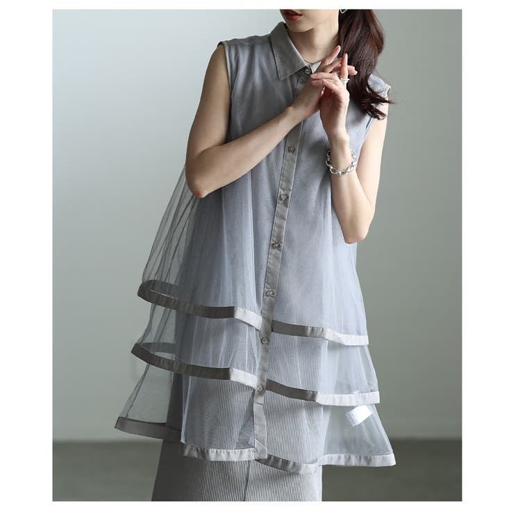 グレー | 揺れて惹き付けるノースリーブシアーティアードブラウス レディース ファッション | Sawa a la mode
