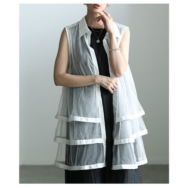 オフホワイト | 揺れて惹き付けるノースリーブシアーティアードブラウス レディース ファッション | Sawa a la mode