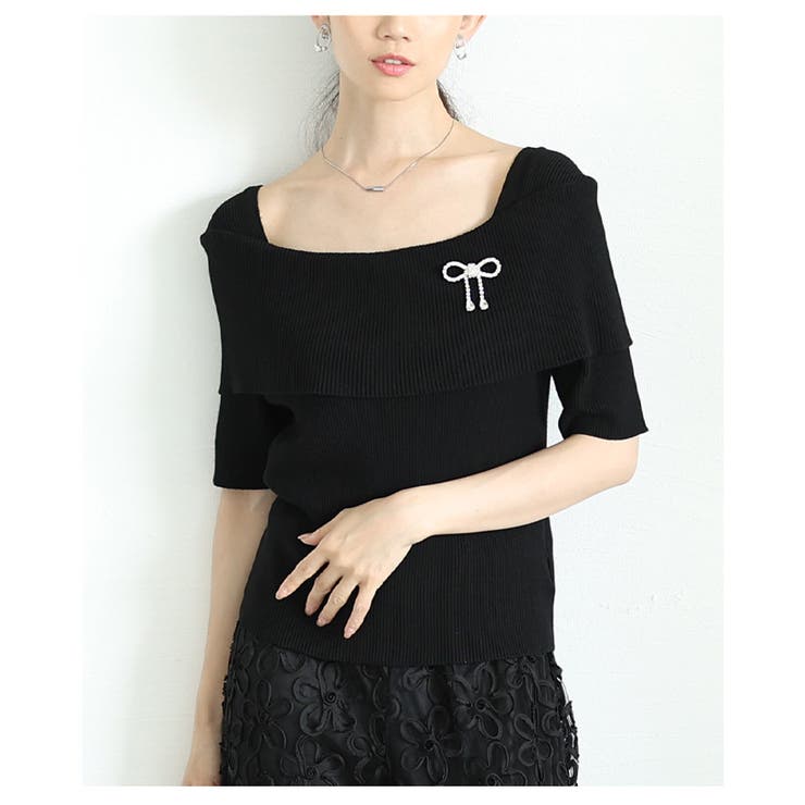 ブラック | オフショルリブニット半袖トップス レディース ファッション | Sawa a la mode