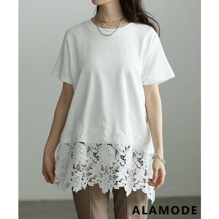 ホワイト | 繊細レースで差がつくレースヘムロングTシャツ レディース トップス | Sawa a la mode