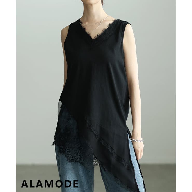 ブラック | 揺れる裾が視線を惹くアシンメトリーレースタンクトップ レディース トップス | Sawa a la mode