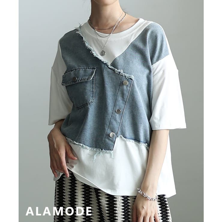ホワイト | デザインで差がつくデニムレイヤード風カットソートップス レディース トップス | Sawa a la mode