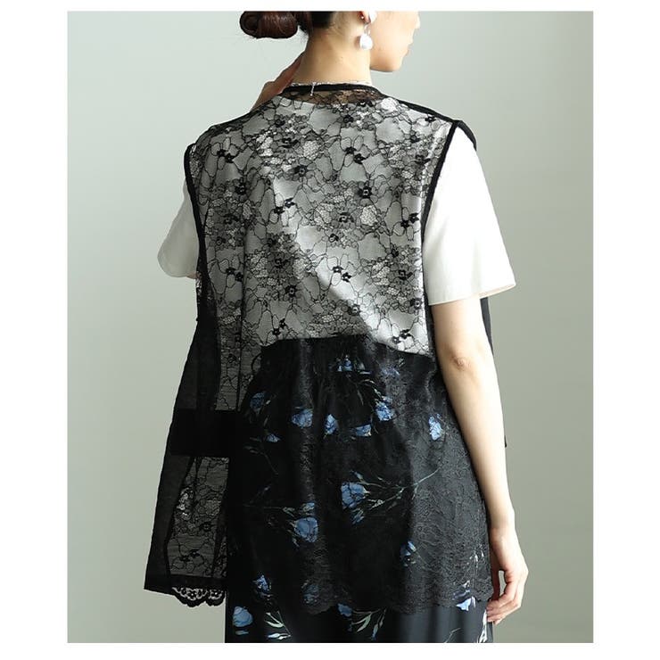ブラック | 重ねれば高見えバックレース異素材ジレジャケット レディース ファッション | Sawa a la mode