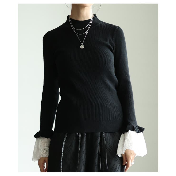 ブラック | 手元の華やぎに惚れるフレアレーススリーブリブニットトップス レディース | Sawa a la mode