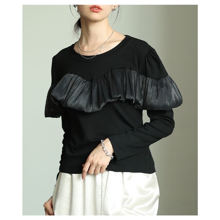 ブラック | ドラマティックを纏うシフォンフリルカットソートップス レディース ファッション | Sawa a la mode