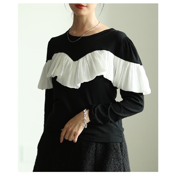 ブラック×ホワイト | ドラマティックを纏うシフォンフリルカットソートップス レディース ファッション | Sawa a la mode