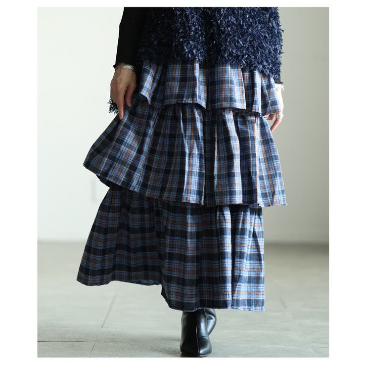 ブルー | スイート×トラッドなタータンチェックティアードフリルスカート レディース | Sawa a la mode
