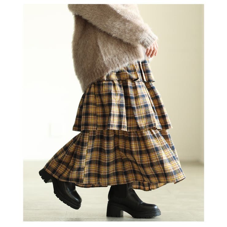イエロー | スイート×トラッドなタータンチェックティアードフリルスカート レディース | Sawa a la mode