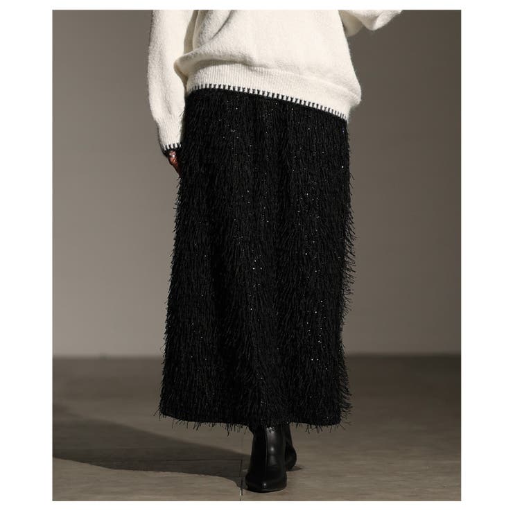 ブラック | 表情豊かに煌めくラメ入りフリンジストレートスカート レディース ファッション | Sawa a la mode