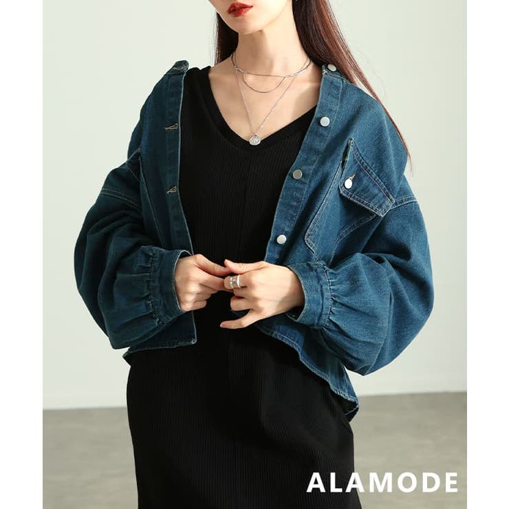 ブルー | 甘さをまとうノーカラーギャザーデニムジャケット レディース アウター | Sawa a la mode