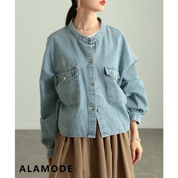 ライトブルー | 甘さをまとうノーカラーギャザーデニムジャケット レディース アウター | Sawa a la mode