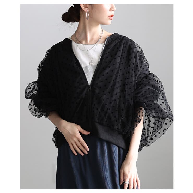 ブラック | 重ねて華やぐドット柄チュールレイヤードブルゾン レディース ファッション | Sawa a la mode
