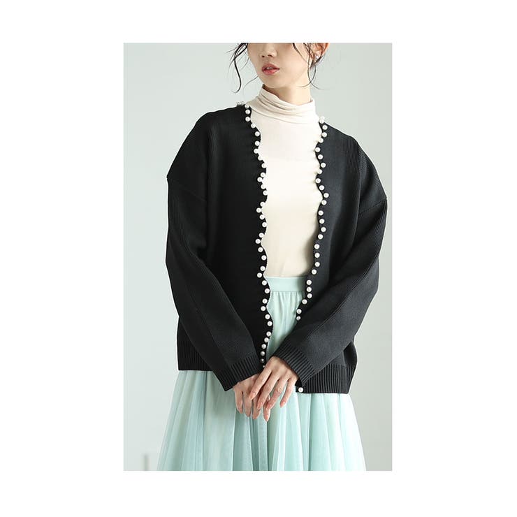 ブラック | パールの輝きが女性らしいきれいめニットカーディガン レディース ファッション | Sawa a la mode
