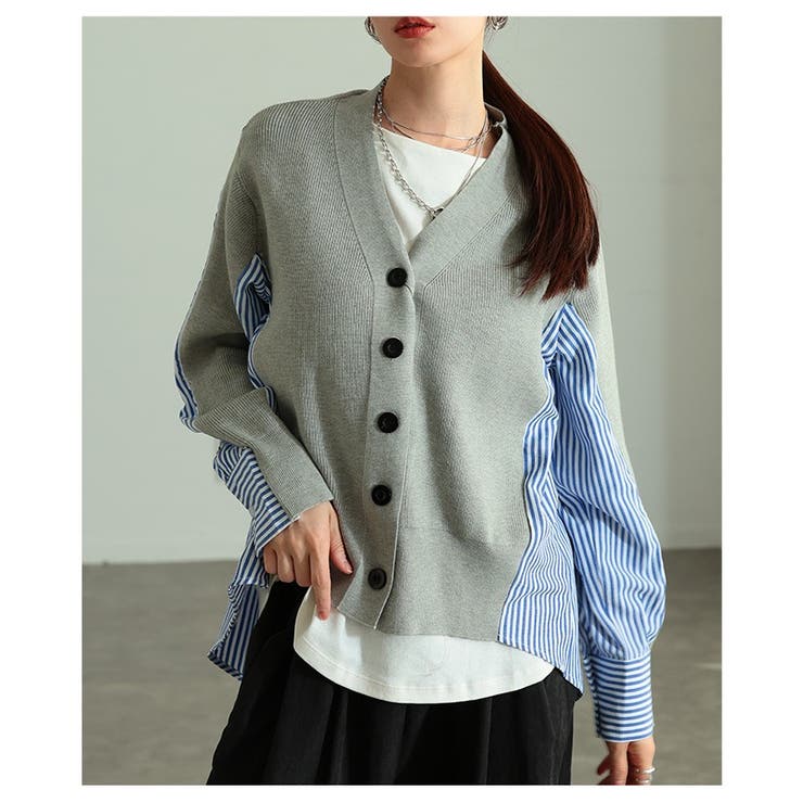 グレー | サマ見えニット×ストライプシャツ異素材カーディガン レディース ファッション | Sawa a la mode