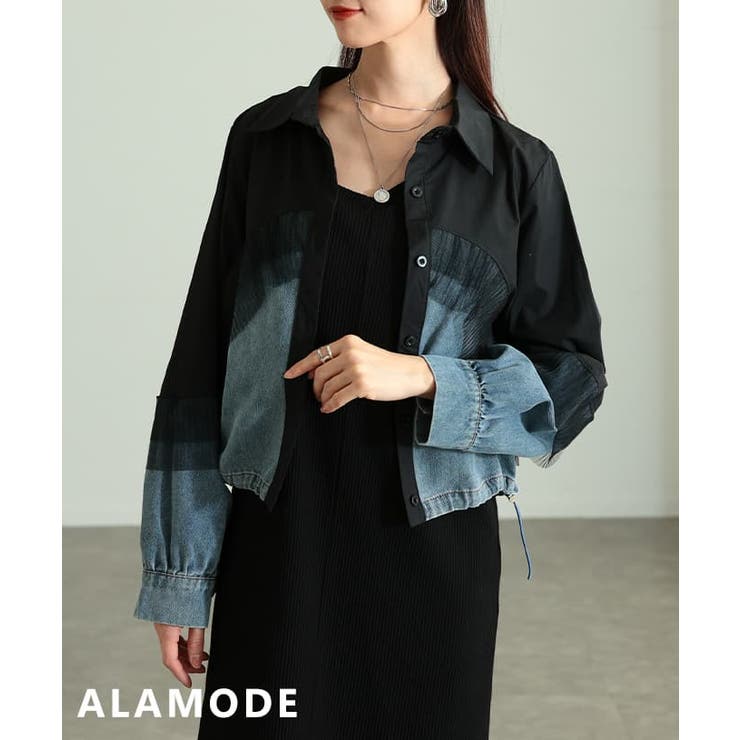 ブラック | 重ねて魅せるチュールレイヤードデニムドッキングシャツ レディース トップス | Sawa a la mode