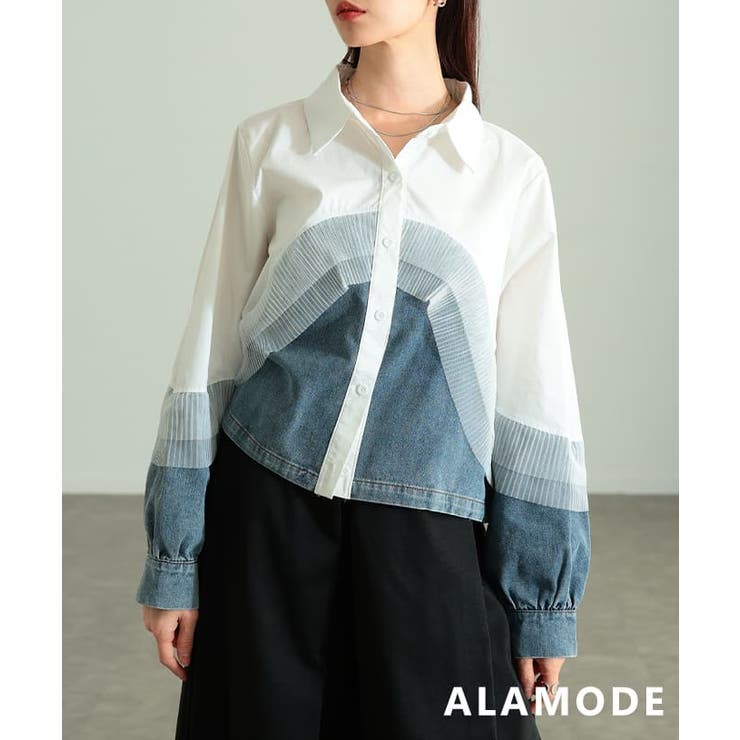 ホワイト | 重ねて魅せるチュールレイヤードデニムドッキングシャツ レディース トップス | Sawa a la mode