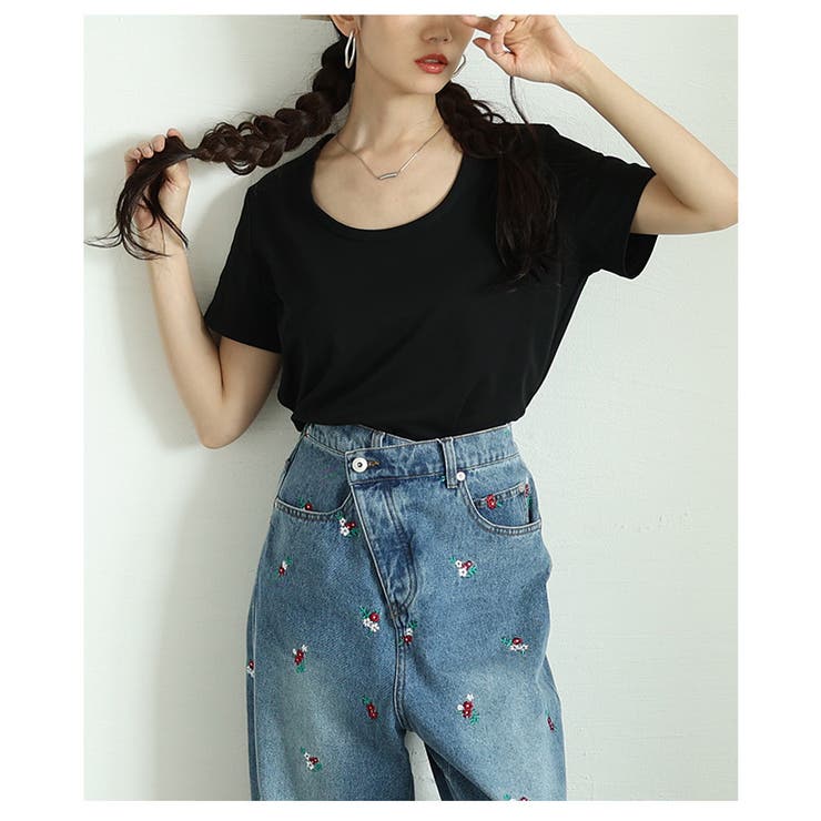 ブラック | 着るだけで美人見えなシルクタッチコットンUネックTシャツ レディース ファッショ… | Sawa a la mode