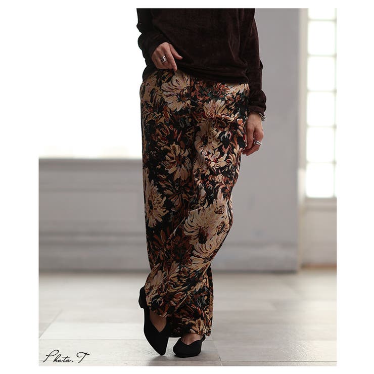 ブラウン | 大人ハンサムなフラワージャガードワイドパンツ レディース ファッション | Sawa a la mode