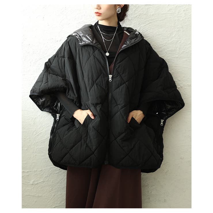 ブラック | 2wayキルティングジップアップフーディーポンチョ レディース ファッション | Sawa a la mode