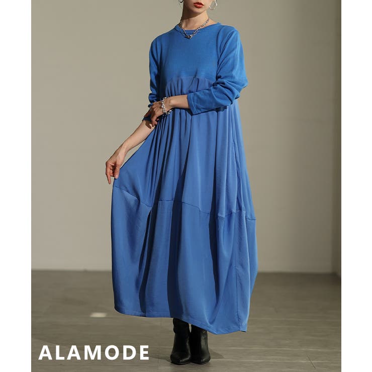 ブルー | 異素材で魅せるコクーンワンピース レディース ワンピース | Sawa a la mode