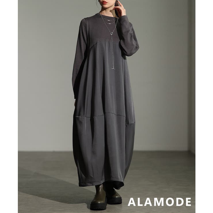 チャコール | 異素材で魅せるコクーンワンピース レディース ワンピース | Sawa a la mode