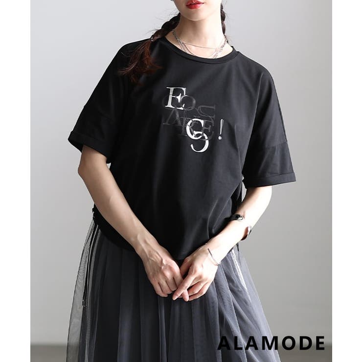 ブラック | シルエットを自在に操るサイドドロストロゴTシャツ レディース トップス | Sawa a la mode