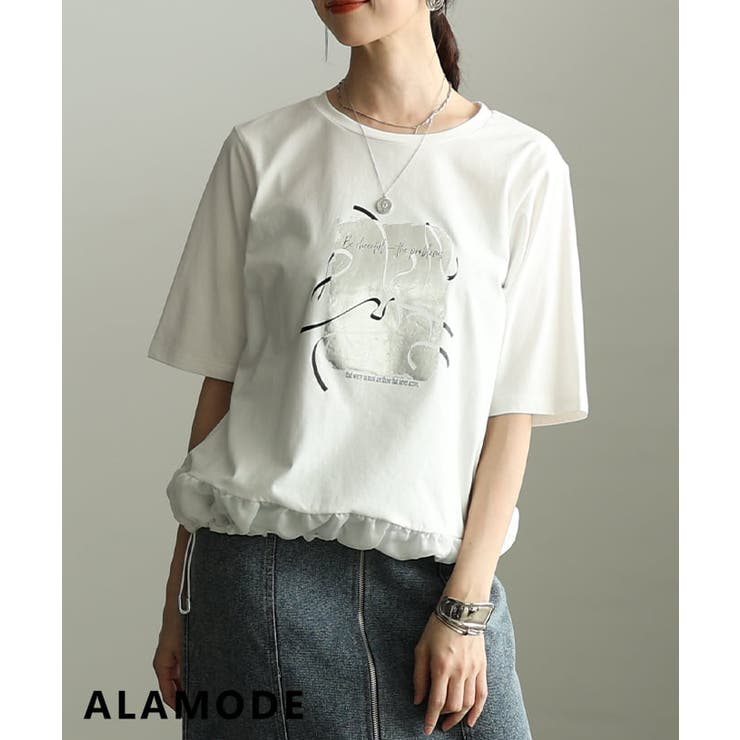 オフホワイト | シンプルに差がつく箔プリントデザインTシャツ レディース トップス | Sawa a la mode
