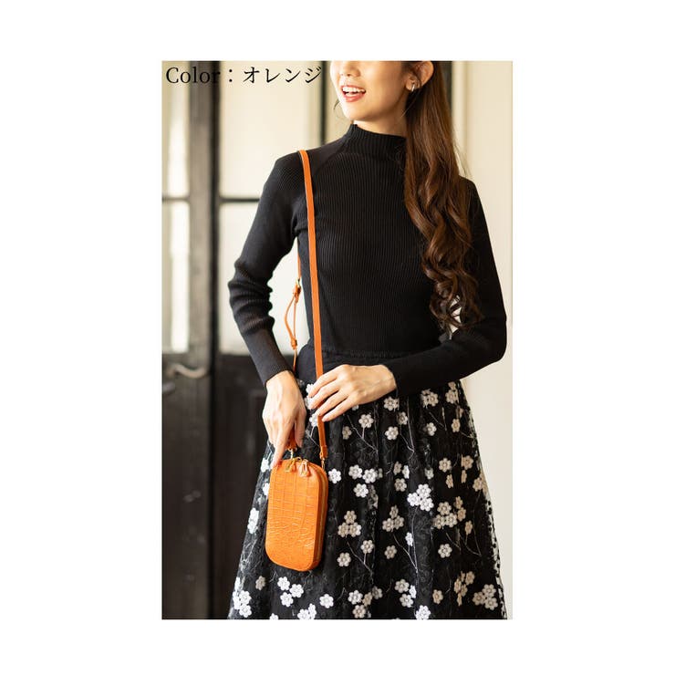 オレンジ | カードスロットホルダー付きクロコ革フォンショルダー レディース ファッション | Sawa a la mode