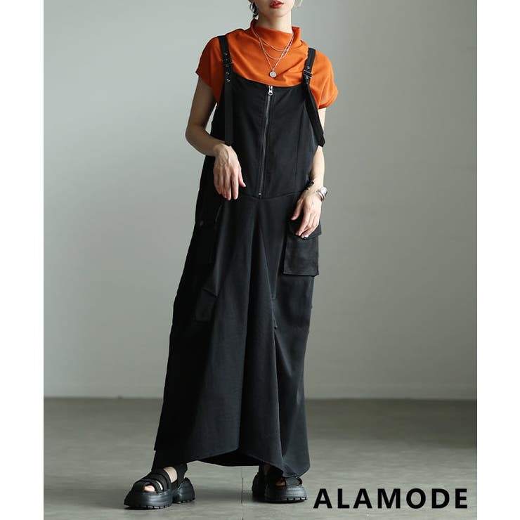 ブラック | 着るだけでこなれるフロントハーフジップサロペットスカート レディース ワンピース | Sawa a la mode
