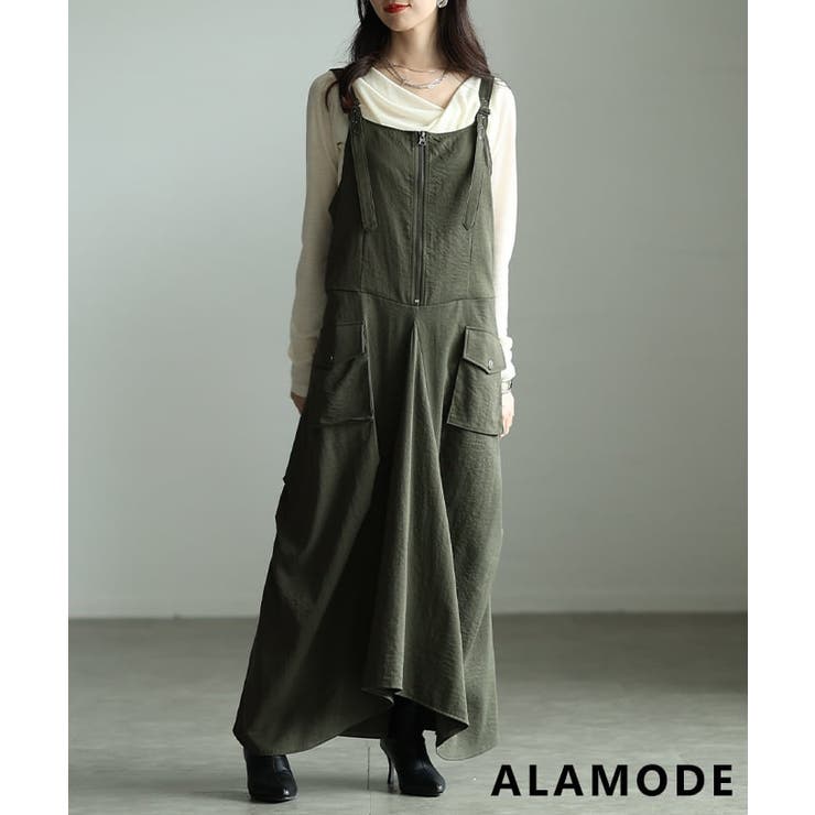 カーキ | 着るだけでこなれるフロントハーフジップサロペットスカート レディース ワンピース | Sawa a la mode