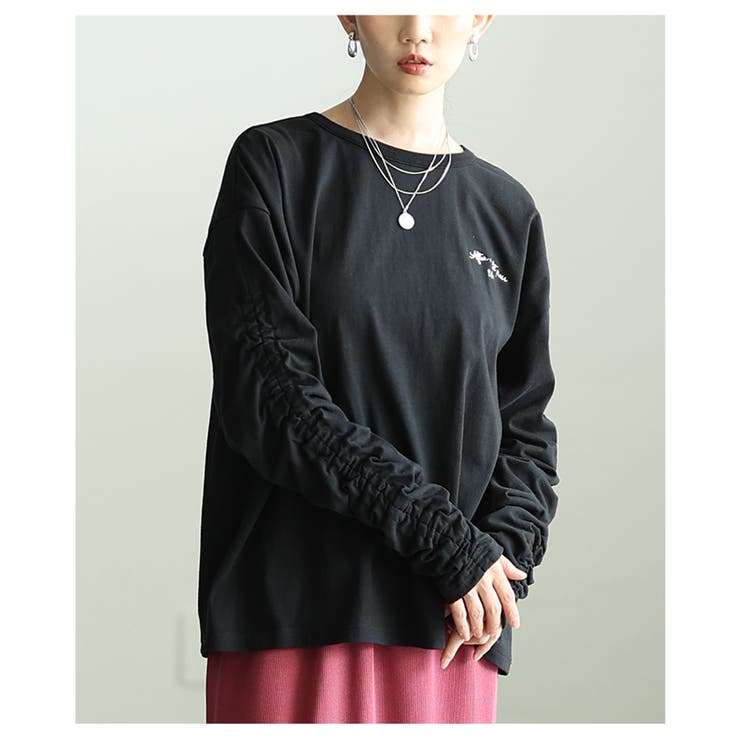 ブラック | 毎日着たくなるシャーリングスリーブコットンロンT レディース ファッション | Sawa a la mode
