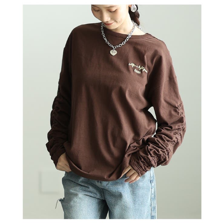 ブラウン | 毎日着たくなるシャーリングスリーブコットンロンT レディース ファッション | Sawa a la mode