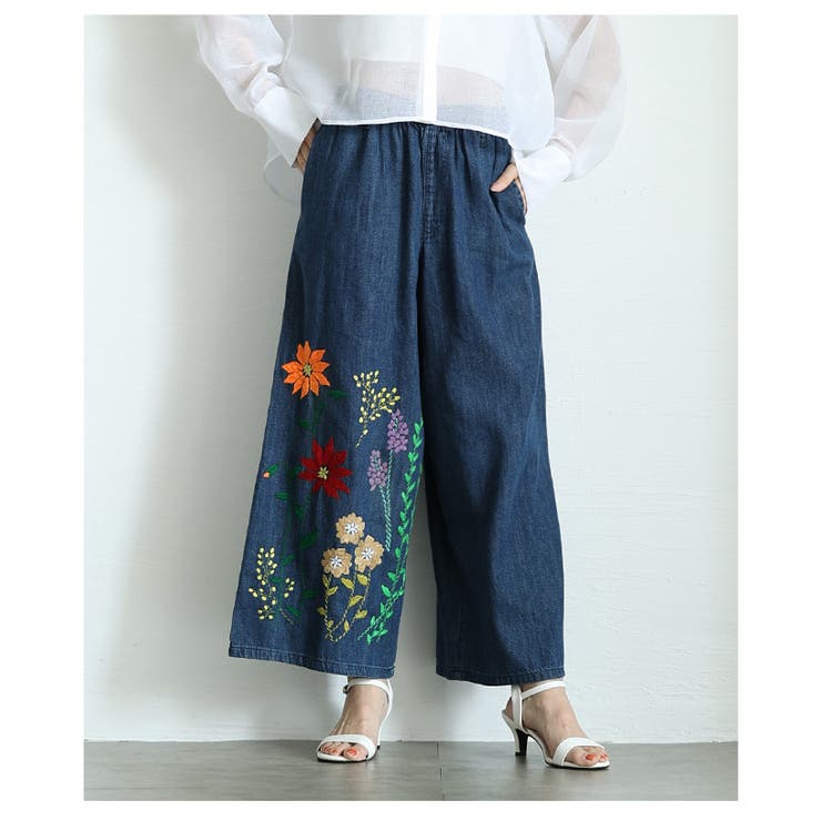 艶やかな花を添えたインド手刺繍デニムワイドパンツ レディース