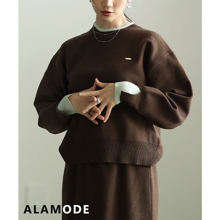 ダークブラウン | シンプルに映える配色アクセントクルーネックニット レディース トップス | Sawa a la mode
