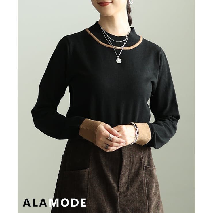 ブラック | 顔まわり華やぐ配色ラインニットプルオーバー レディース トップス | Sawa a la mode