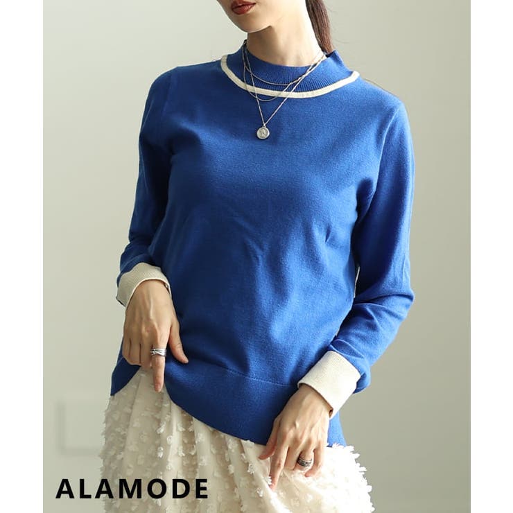 ブルー | 顔まわり華やぐ配色ラインニットプルオーバー レディース トップス | Sawa a la mode