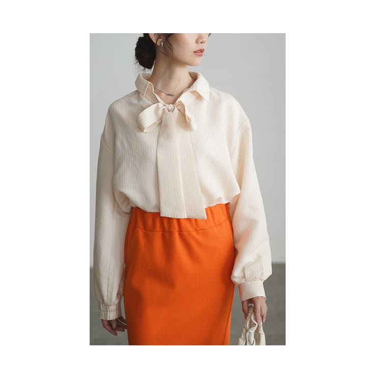 エクリュ | ボウタイリボン付き2wayフロッキーストライプブラウス レディース ファッション | Sawa a la mode