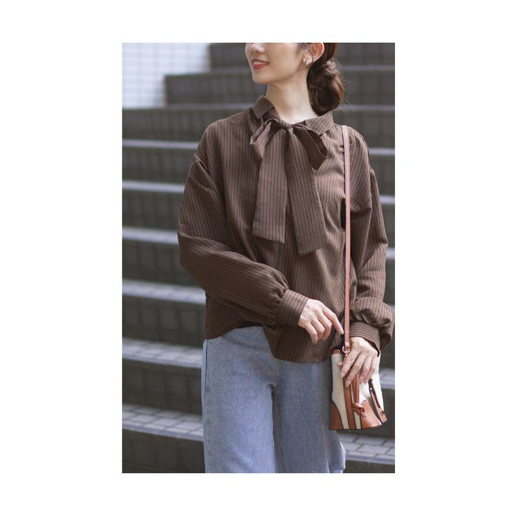 ブラウン | ボウタイリボン付き2wayフロッキーストライプブラウス レディース ファッション | Sawa a la mode