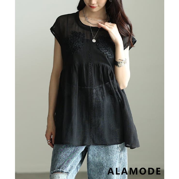 ブラック | 夏の風を纏うコード刺繍メッシュペプラムブラウス レディース トップス | Sawa a la mode